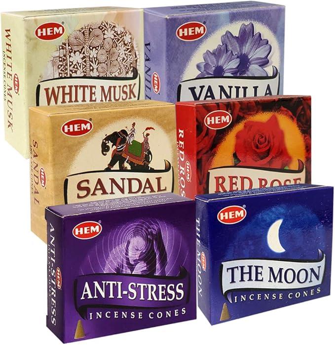 Hem Incense Cones Variety Pack #6 and Cone Incense Burner Bundle with 6 Most Admired Fragrances