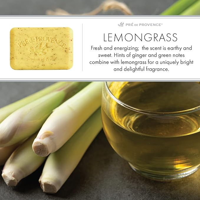 Pre de Provence Artisanal Soap Bar, Natural French Skincare, Enriched with Organic Shea Butter, Quad Milled for Rich, Smooth & Moisturizing Lather, Lemongrass, 5.3 Ounce