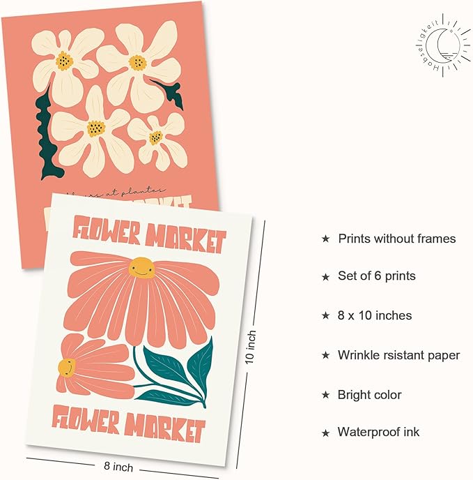 Habseligkeit Pink Flower Market Posters for Room Decor, Abstract Floral Wall Art Prints, Minimalist Wall Decor, Vintage Posters for Girls Room Aesthetic (8x10 UNFRAMED Set of 6)
