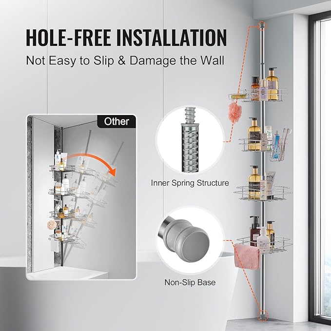 VEVOR Shower Corner Caddy Tension Pole, 42" to 114" High, Multi-Functional Shower Tension Pole with Strong Load-Bearing Tray, Rust-Proof Easy-to-Install, Fit for Bathroom & Washroom
