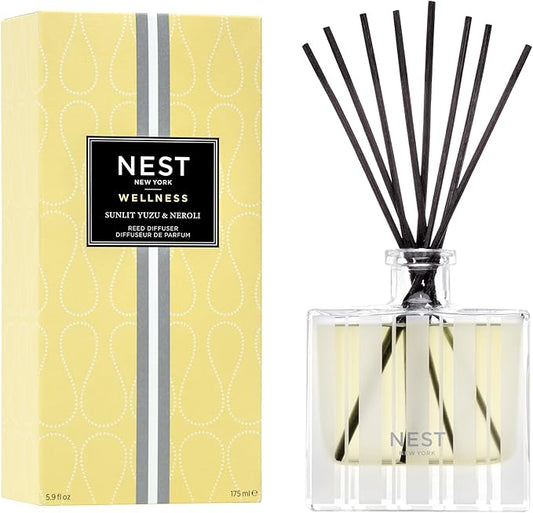 NEST New York Reed Diffuser, Sunlit Yuzu & Neroli - 5.9 fl oz - Fragrance for Up to 90 Days - Reusable, Refillable Glass Holder - Includes 8 All-Natural Reed Sticks - Flame Free