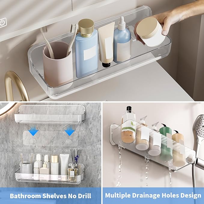 2pc Acrylic Wall Mount Organizer: Adhesive Shelf - Bathroom Wall Organizers - No Drilling Hang Walls, with 3pack Self Adhesive Tapes, for Bathroom, Kitchen,Living Room-Transparent
