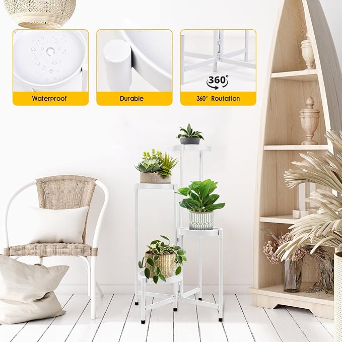 4 Tier Plant Stand Indoor Outdoor, 31 Inch Tall Metal Plant Shelf Waterproof, Plant Holder with Folding Design For Home, Living Room, White