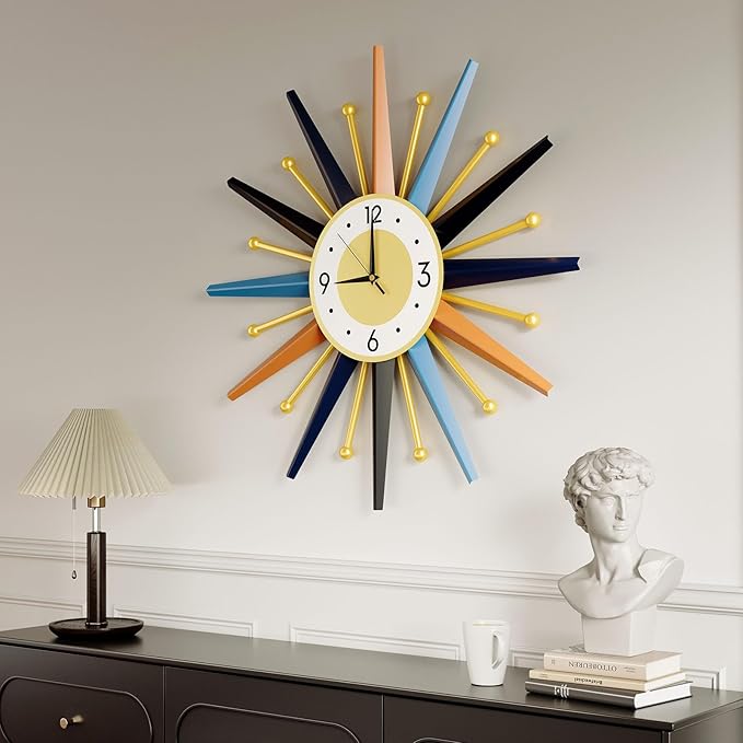 Mid Century Wall Clock, 22 Inch Large Vintage Metal Colorful Starburst Decorative Clocks Battery Operated, Boho Fancy Wall Clock for Kitchen Bedroom Living Room