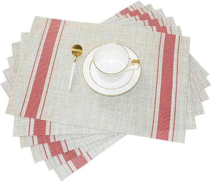 GIVERARE Placemats Set of 6, Heat-Resistant Woven Vinyl Placemat, Non-Slip Washable PVC Table Mat, Easy to Clean Premium Plastic Mats at for Dining, Kitchen Table (Stripe Red)