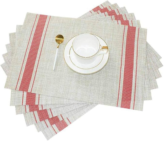 GIVERARE Placemats Set of 6, Heat-Resistant Woven Vinyl Placemat, Non-Slip Washable PVC Table Mat, Easy to Clean Premium Plastic Mats at for Dining, Kitchen Table (Stripe Red)