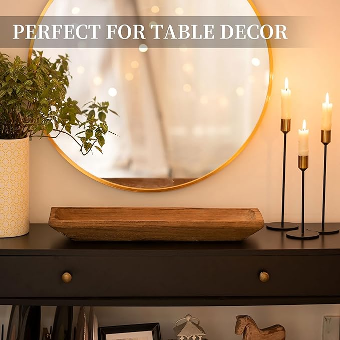 Hanobe Decorative Wood Dough Bowl: Large Long Wooden Centerpiece Table Decorations Natural Candle Holder Tray Decor Rustic Unfinished Centerpieces for Dining Room Kitchen Fruit Bowls, Brown