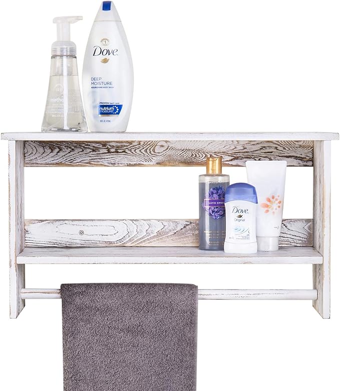 MyGift Wall Mounted Shabby White Washed Solid Wood Bathroom Accessories Organizer 2 Tier Display Shelf with Towel Bar