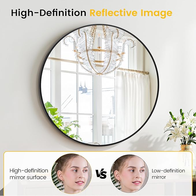 IDEALHOUSE 20 Inch Black Round Wall Mirror, Circle Mirror Metal Frame for Bathroom, Vanity, Entryway, Bedroom, Living Room, Wall Mounted Modern Rustic Decor