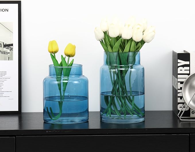 Large Glass Vase, Blue Glass Vase Set of 2, Large Flower Vases for Bouquet, Tall Wide Mouth Vases for Flowers, Home, Wedding, Living Room, Office Decor, 7"+9"
