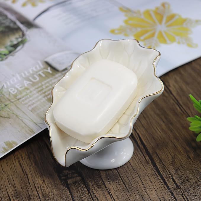Soap Dish Ceramic White Lotus Leaf Shape Soap Holder Self Draining Soap Dish Waterfall Slot Sponge Holder Bathroom Accessories for Bathroom, Kitchen,Bar Counter.