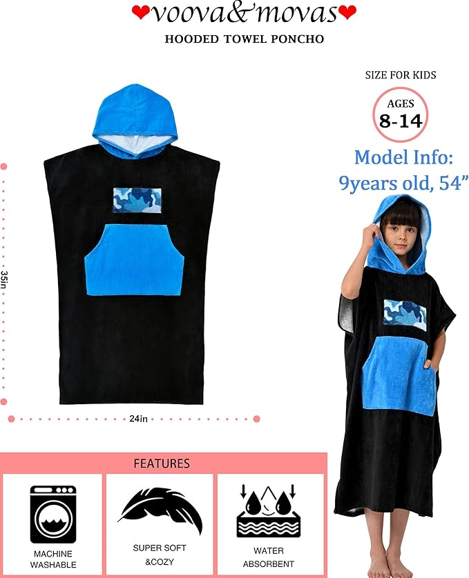 VOOVA & MOVAS Black Changing Robe for Teens,8-14Yearsï¼Thick 100% Cotton, Absorbent Hooded Towels for Girlsï½Boys,Surf Poncho for Pool, Beach, Bath,Swim