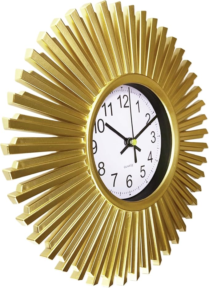 Kitchen Wall Clock, Gold Sunburst Wall Clocks Battery Operated, 10 Inch Modern Decorative Wall Clock for Living Room, Bedroom, Kitchen,Bathroom, Office