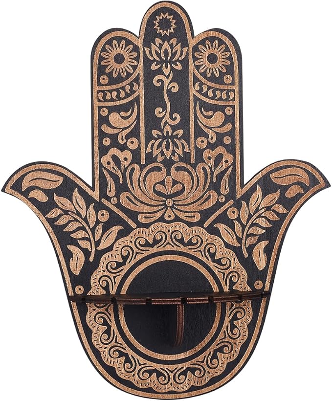CREATCABIN Wooden Hamsa Crystal Display Shelf Hamsa Hand Wall Decor Crystal Holder Shelves Flowers Wall Mounted Floating Shelf Stand for Witch Stuff Altar Supplies Spiritual Gift Black 9.8 x 11.8Inch