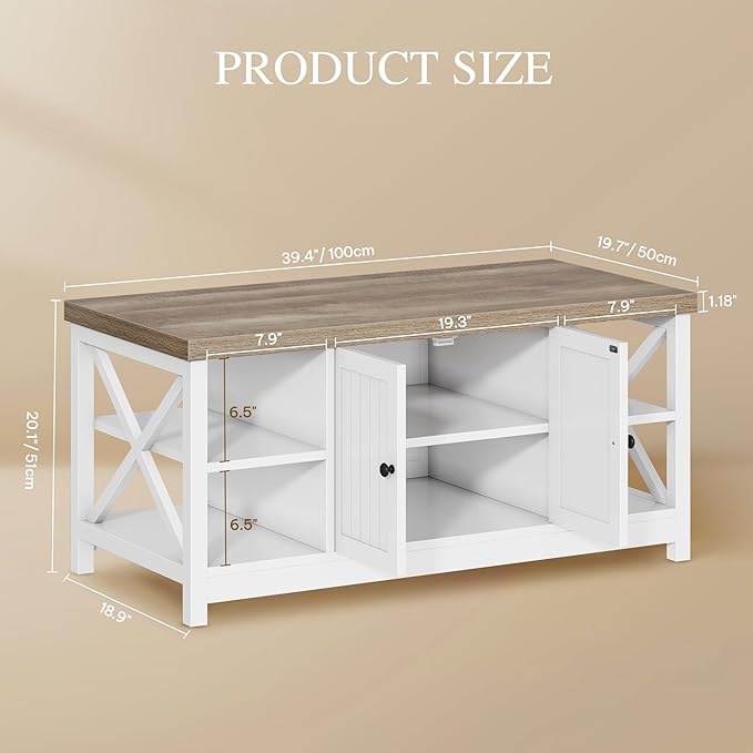 YITAHOME Coffee Table with Storage, Farmhouse Coffee Tables for Living Room, Rectangle Coffee Table 2 Tiers Shelf, CenterTable Space Saving Living Room Small Tables, Easy Assembly, Brown and White
