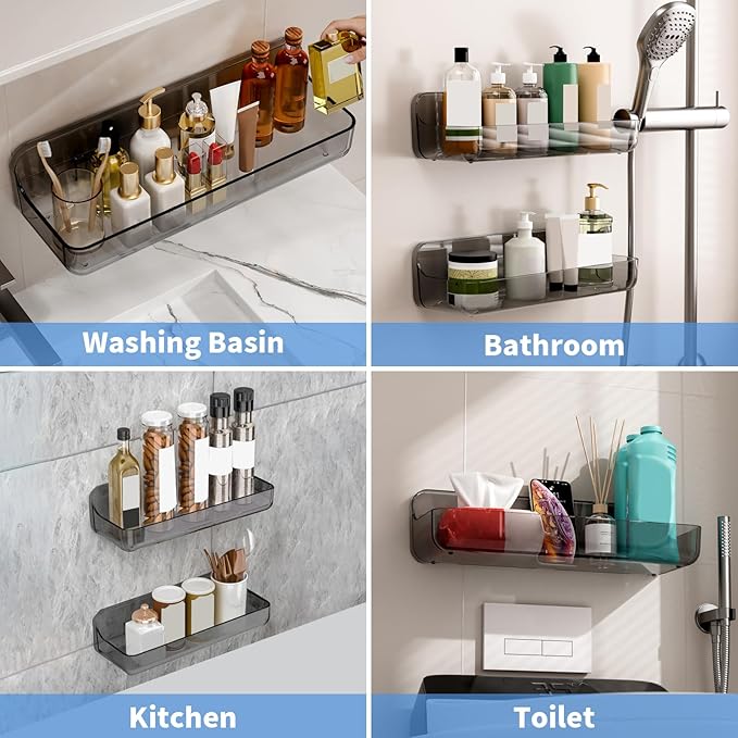 Acrylic Wall Mounted Shower Caddy, 2 Self Adhesive Shelves, No Drilling, Organizes Bath & Kitchen