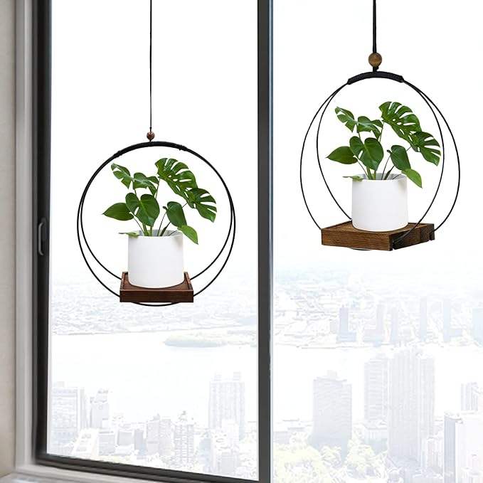 2 Pack Hanging Planter for Indoor Plants, Black Plant Hanger with Sturdy Wood Base, Modern Boho Macrame Hanger, Wall Ceiling Window Planter (Plants/Pots Not Included)