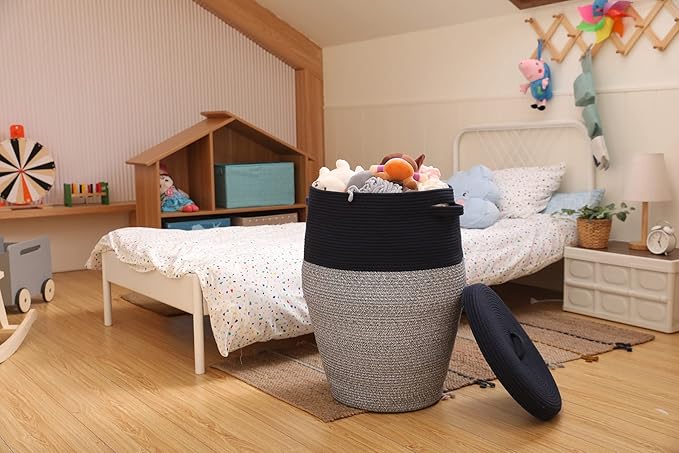 26" x 20" Tall Extra Large Storage Basket with Lid, Cotton Rope Storage Baskets, Woven Laundry Hamper with Cover, Cloth Storage Bin, for Clothes Towels in Living Room, Dark Blue Mix