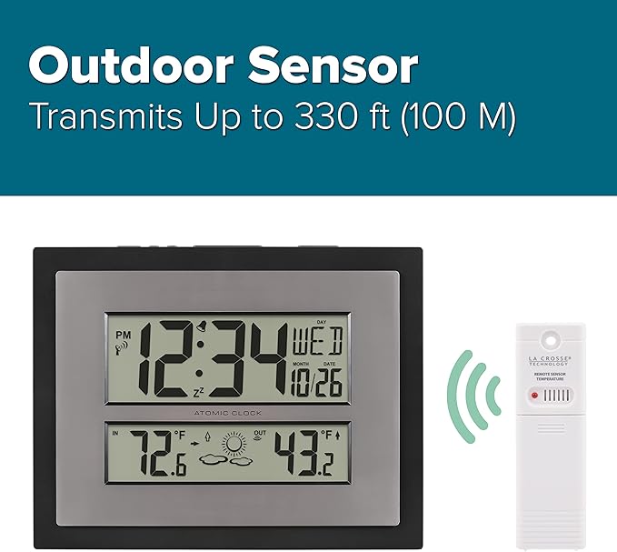 La Crosse Technology 512-85937-INT Atomic Digital Wall Clock with Temperature & Forecast in Gray/Silver