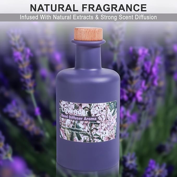 Reed Diffuser Set - 200ml Lavender & Orange Blossom Essential Oil Set Includes 8pcs Rattan Sticks, Licorice Aroma, Large Glass Bottle, Home Fragrance Diffuser Set for Bathroom Shelf Decor
