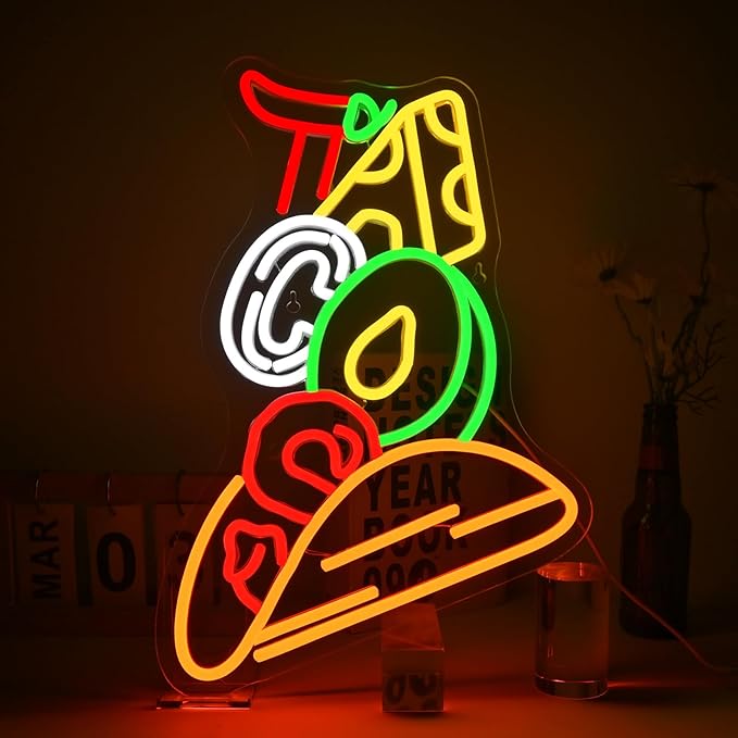 Tacos Neon Sign - Vibrant LED Wall Decor for Mexican Restaurant, Pizzeria, Kitchen, Coffee Bar, Party, or Pub, Adjustable Brightness, USB Powered, Taco Led Sign for Shop