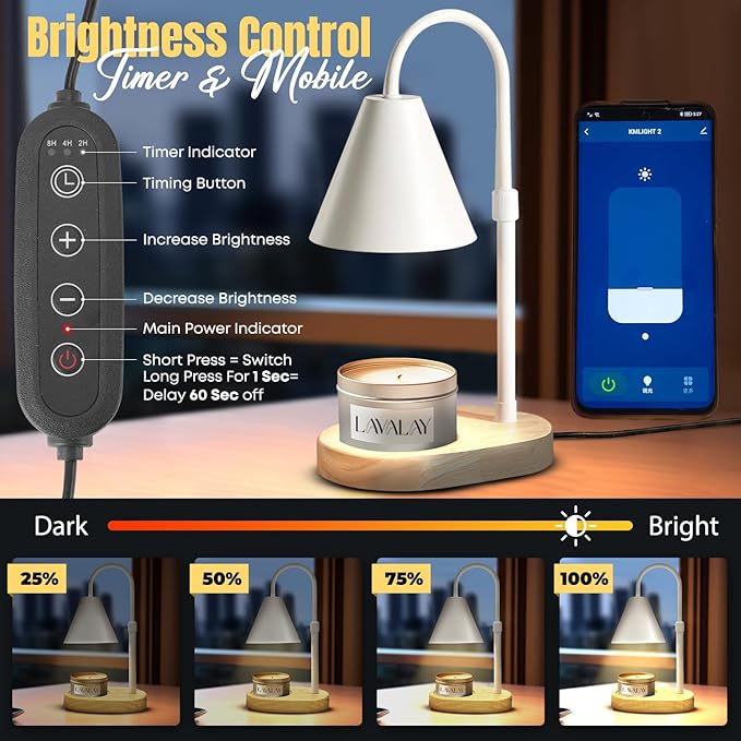 Mother’s Day Candle Warmer Lamp – App-Controlled Dimmable Warmer Light with Timer & Adjustable Height – Modern Flameless Candle Melter lamp with Wood Base for Jar Candles– Gift for Mom & Women