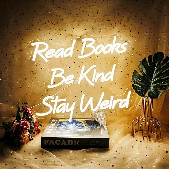 Read Books Be Kind Stay Weird Neon Sign, 15”x13”USB Powered Read Books Neon Signs for Wall Decor Dimmable, Neon Light Sign for Classroom Reading Room Bookstore, Warm White
