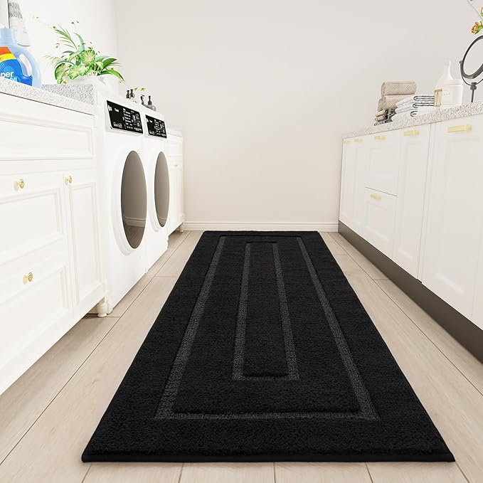 HOMORE Bathroom Runner Rugs 24 x 70 Non Slip Washable Long Bath Rug, Black Rugs for Bathroom Absorbent Bath Rug Runner with TPR Backing, Soft and Thick Bath Mat for Shower Floor