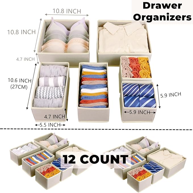12 Pack Drawer Organizers, Drawer Dividers Storage Bins, Foldable Drawer Organizers for Clothing, Cloth Clothes Drawer Organizer for Underwear,Folded Clothes,Baby Clothing,Socks,Bra,Towels,Ties