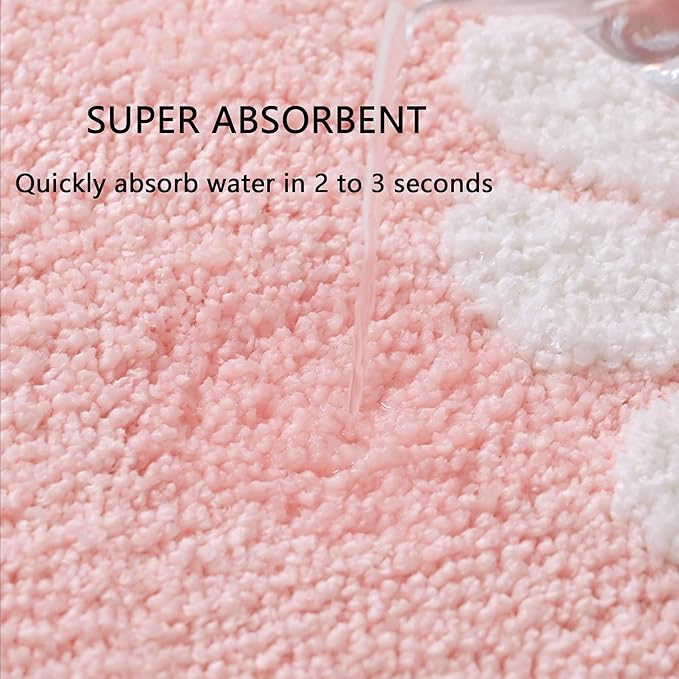 Fluffy Soft Superfine Fiber Bath Mat, White Flower - Non Slip Machine Wash Plus Mats (20x32, Pink)
