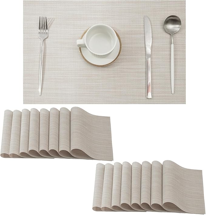 Leetaltree Beige White Placemats Set of 16 - Heat Resistant Non-Slip Place mats for Dining Table, Washable Durable PVC Vinyl Woven Table Mats(Beige White, 16)