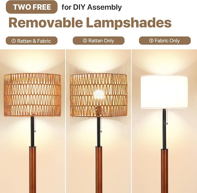 Boho Floor Lamps for Living Room, Rattan Floor Lamp with 3-Way Dimmable Bulb, Wood Floor Lamp with Rattan & Fabric Shades, Solid Wooden Pole Boho Standing Lamps, Large Floor Lamps for Bedroom Office