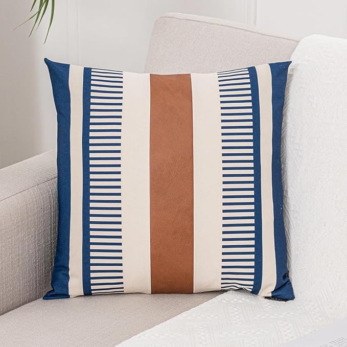 Farmhouse Stripe Pillow Cover 18x18 Boho Accent Cushion Case Faux Leather Decorative Pillowcase,Navy Blue and Beige (Cover ONLY, Pack of 1)
