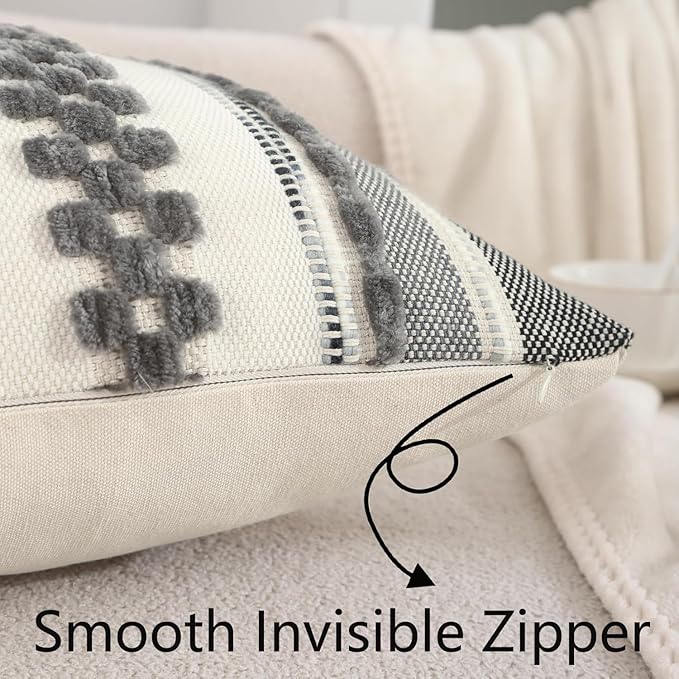 Tosleo Boho Throw Pillow Covers 18x18 Set of 2 Striped Decorative Pillow Cases Accent Chenille Pillowcases Farmhouse Cushion Case Bohemian Nuetral Textured Pillow Cover,Gray
