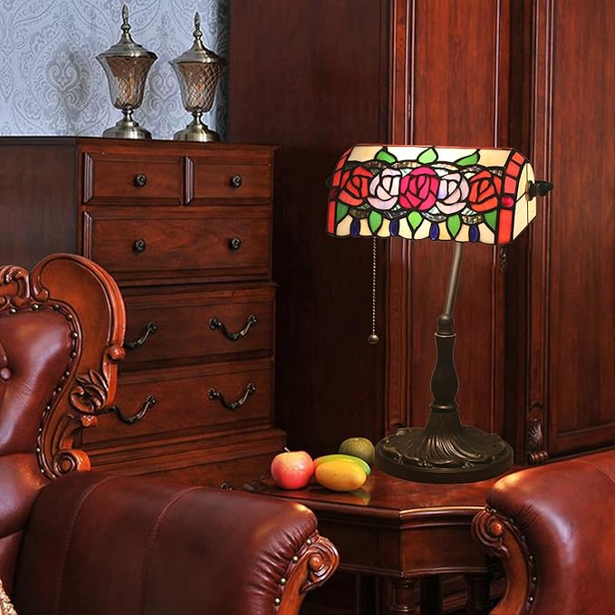 Tiffany Style Bankers Table Lamp Stained Glass Piano Desk Lamp Vintage Bedroom Bedside Lamp for Study,Antique Alloy Base,Zipper Switch,Rose a