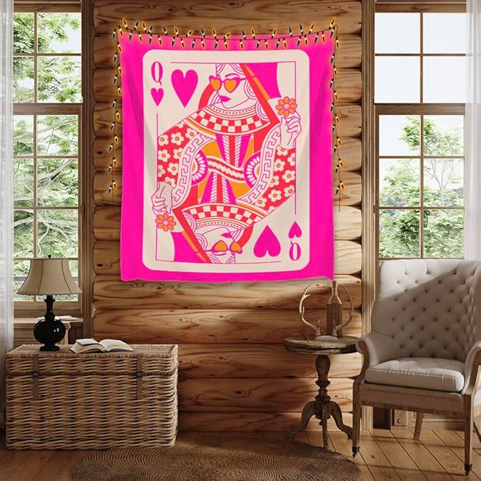 Queen Of Hearts Pink Trend preppy room decor Tapestry wall art Boho Wall Decor Vintage Hanging with Wall Aesthetic Tapestry Trendy Wall for Living Room Bedroom and Dorm Decor 70x90inch 