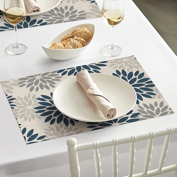 Artoid Mode Floral Vinyl Placemats Set of 4, Heat Resistant Washable Non-Slip Plastic PVC Place Mats for Party Kitchen Dining Decor, Blue Grey