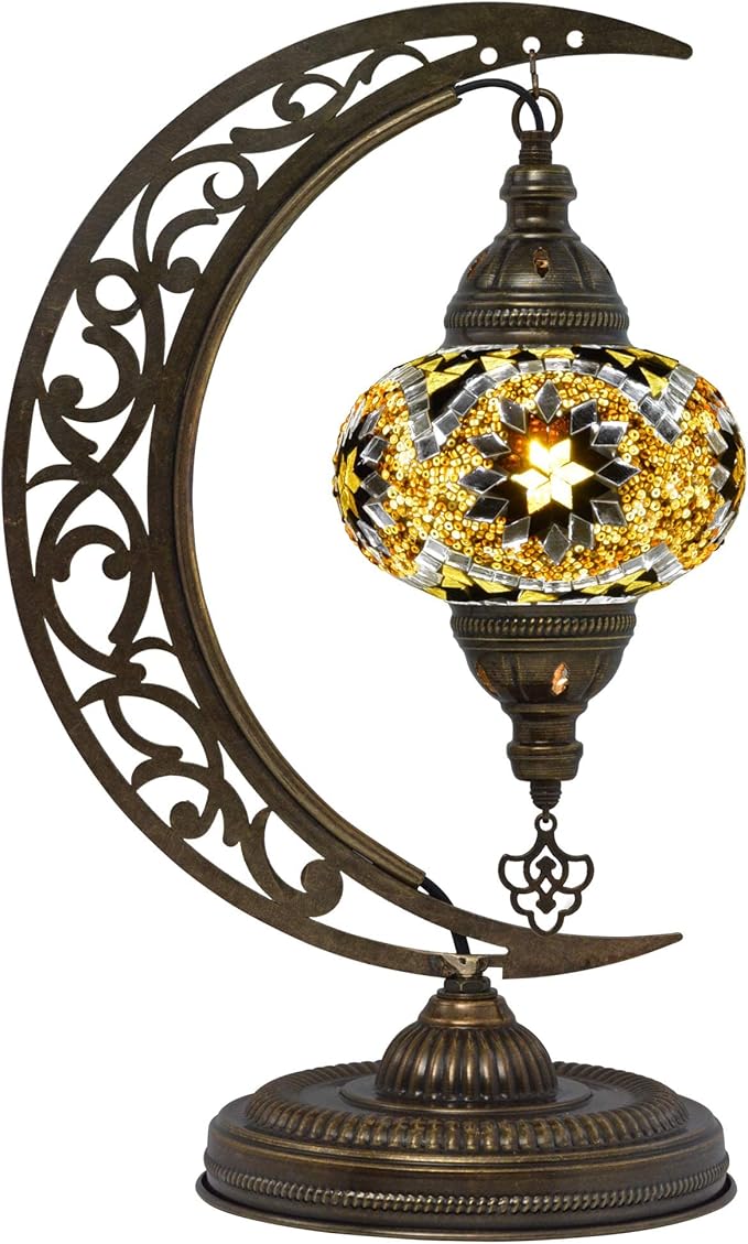 mozaist Turkish Lamp, Moon Shaped Mosaic Table Lamp, Tiffany Desk Bedside Stained Glass Lamp with US Plug and E12 Socket
