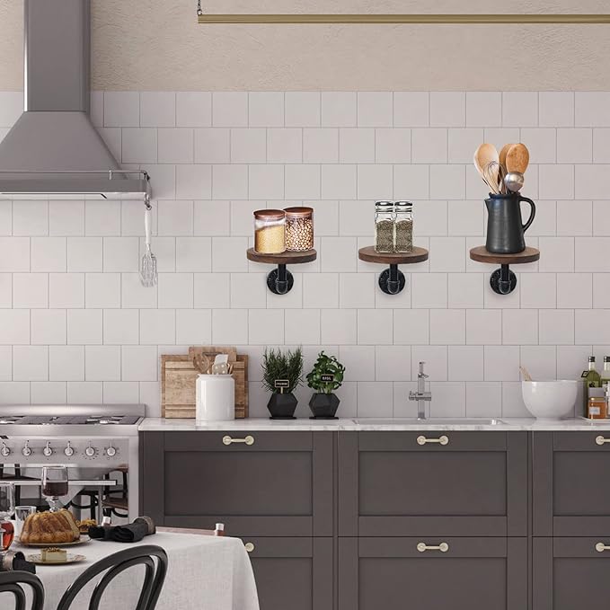 5.9inch Wall Mounted Floating Shelves Round Display Rack with Metal Industrial Pipe Brackets, Rustic Wood Shelving for Bedroom, Bathroom, Living Room, Kitchen, Set of 2