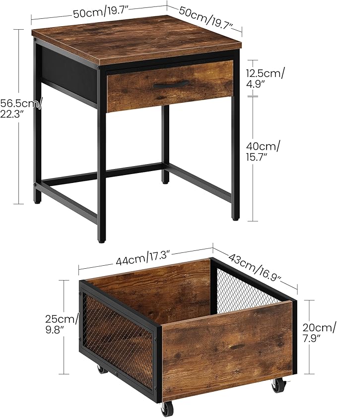 End Table, 19.7 Inch Square Side Table, Mini Fridge Stand with Storage, Nightstand with Mobile Basket Cart, for Living Room, Bedroom, Rustic Brown and Black TBZ55BF