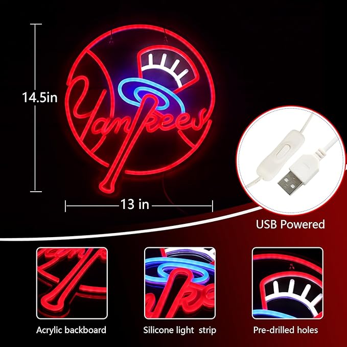 YANKEES Neon Signs for Wall Decor,Baseball Team Neon Lights for Bedroom,LED Signs Suitable for Man Cave,5V Power Adapter,Birthday、Christmas Gifts for Boys 13 * 15Inch(Red+Blue+White)