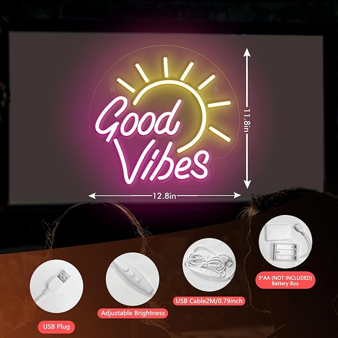 Good Vibes Neon Sign, Battery or Usb Powered Neon Signs for Wall Decor, Adjustable Brightness Good Vibes Signs(12.8 x 11.8 inches)