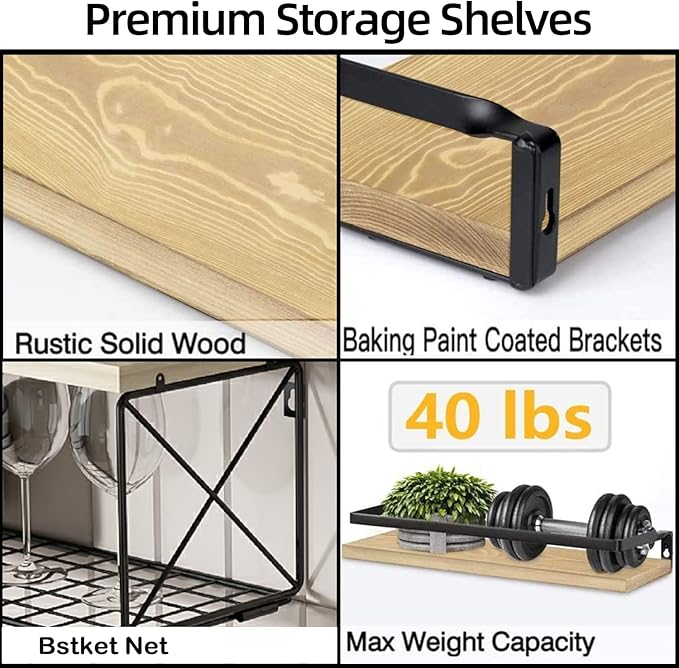 Bathroom Shelves with Wire Storage Basket, Floating Shelves Over Toilet with Protective Metal Guardrail, Wall Shelves for Bedroom, Living Room, Kitchen and Bathroom Toilet Paper