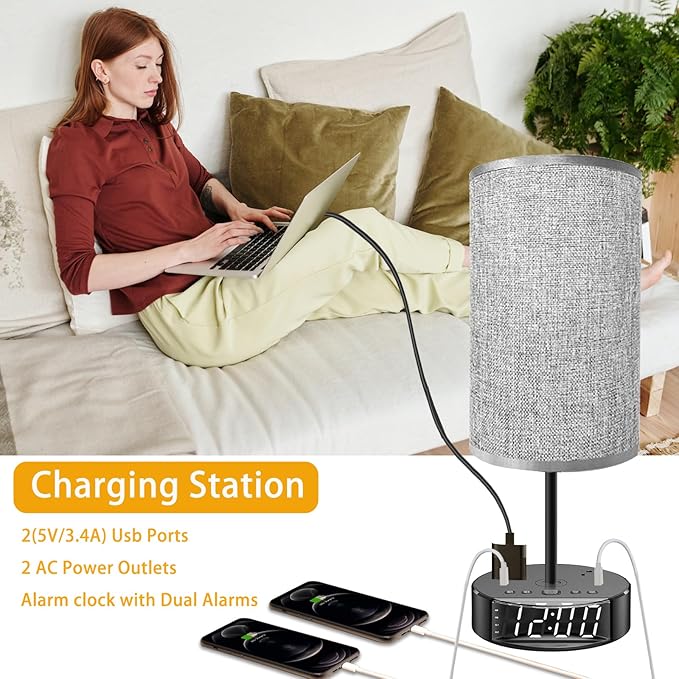 Table Lamp - Bedside Lamp with USB Ports and Outlets, Bedroom Lamp with Alarm Clock Base, 3-Way Dimmable Modern Nightstand Lamps with Round Fabric Lampshade,Touch Lamp for Bedroom Living Room Home