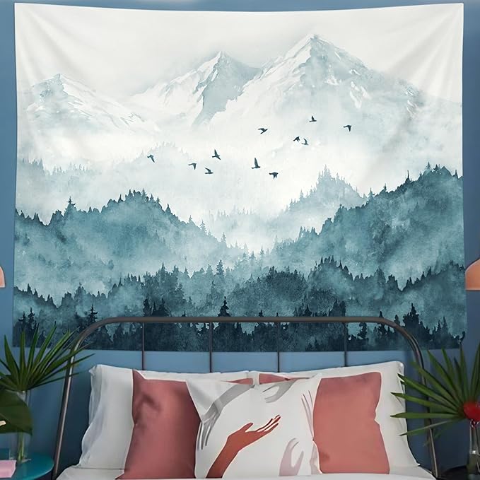 kampdream Mountain Forest Tapestry, Misty Foggy Teal Blue Tree Landscape Watercolor Art Wall Tapestries, Nature Scenery Tapestry for Bedroom Living Room Backdrop 44×60 inch