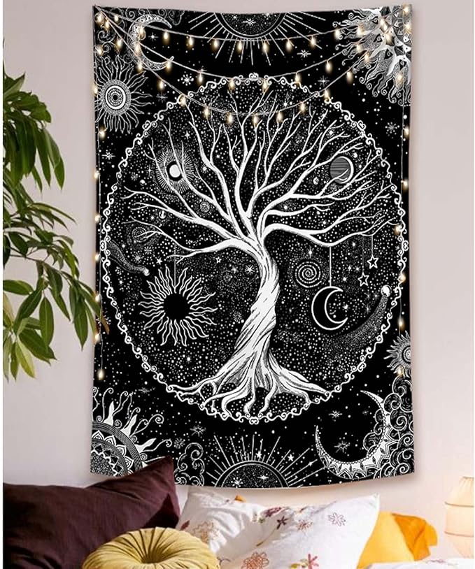 Lunerfex Tree of Life Tapestry Black and White Tapestry Mystical Sun and Moon Tapestries for Bedroom and Living Room Decor Black Tree 44×60 Inches