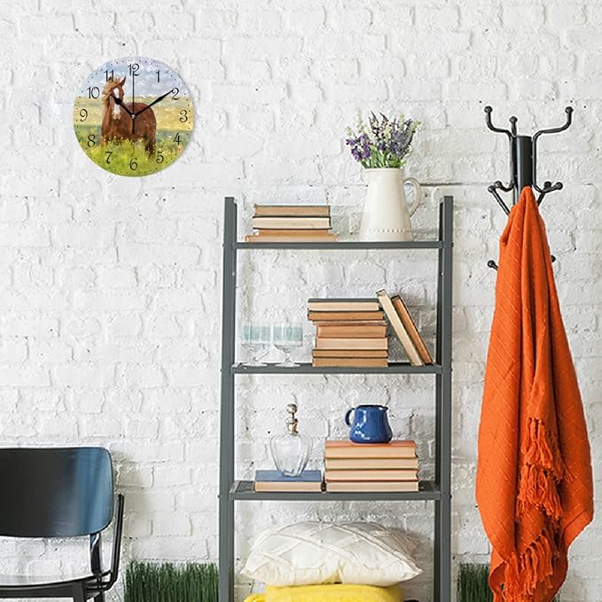 ALAZA Wall Clock Horse and Flower Field Silent Non-Ticking Decorative Wall Clocks Battery Operated 10 Inch for Home Living Room Kitchen Bathroom Bedroom