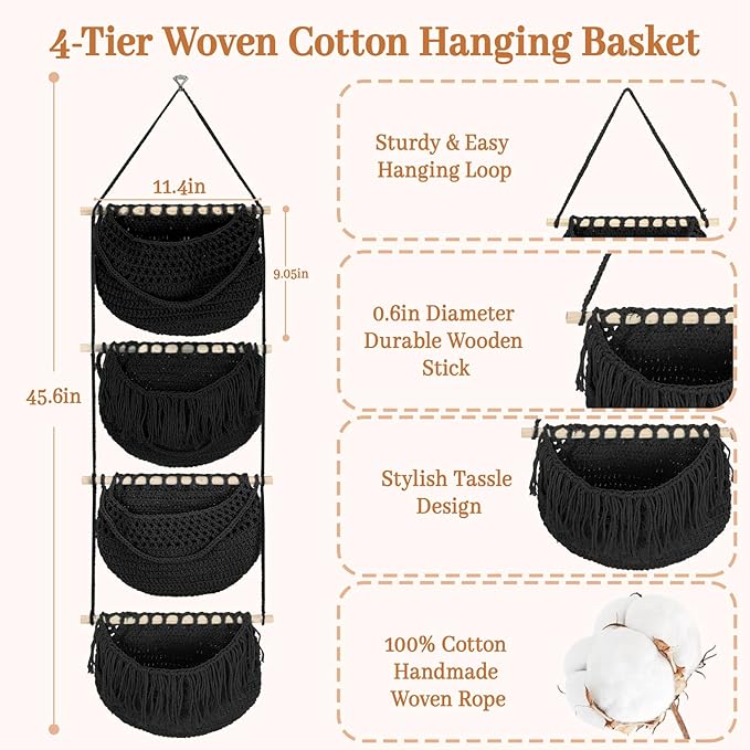 4 Tier Hanging Fruit Basket for Kitchen, 4 Pack Detachable Cotton Crocheted Wall Hanging Baskets Shelf Over Door Organizer for Fruit Veggie Plant, Hanging Storage Basket for Bathroom Bedroom(Black)
