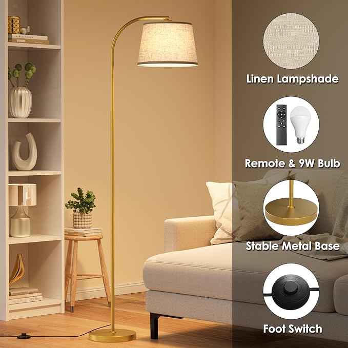 Arc Floor Lamps for Living Room, Modern Floor Lamp with Remote Control and Stepless Dimmable 9W Bulb Included, Gold Tall Standing Lamp with Adjustable Linen Shade for Bedroom Office
