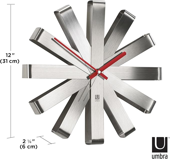 Umbra Ribbon Modern 12-inch Wall Clock, Battery Operated Quartz Movement, Silent Non Ticking Wall Clock, Stainless Steel